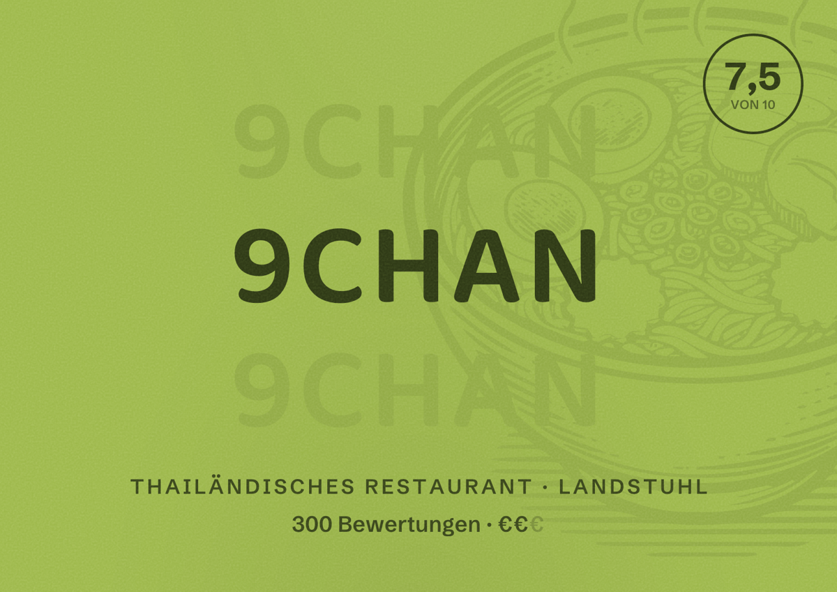 Illustriertes Poster von 9Chan, Thailändisches Restaurant in Landstuhl: Bewertung 7,5 von 10 aus 300 Bewertungen, Preisniveau €€