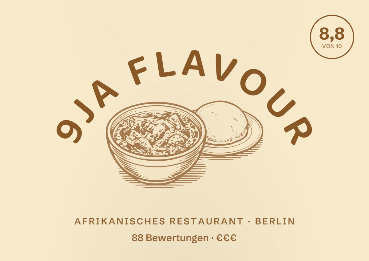 Illustriertes Poster von 9JA Flavour, Afrikanisches Restaurant in Berlin: Bewertung 8,8 von 10 aus 88 Bewertungen, Preisniveau €€€