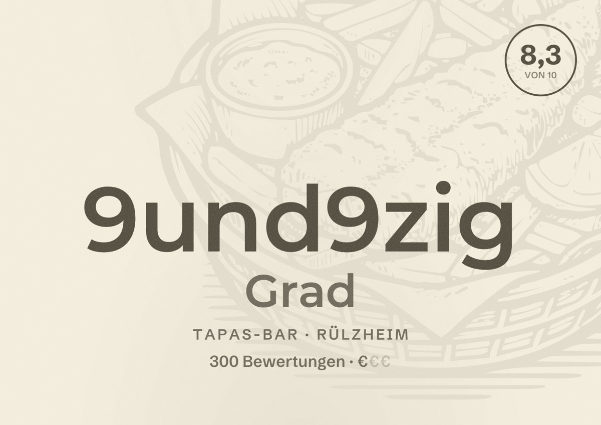 Illustriertes Poster von 9und9zig Grad, Tapas-Bar in Rülzheim: Bewertung 8,3 von 10 aus 300 Bewertungen, Preisniveau €