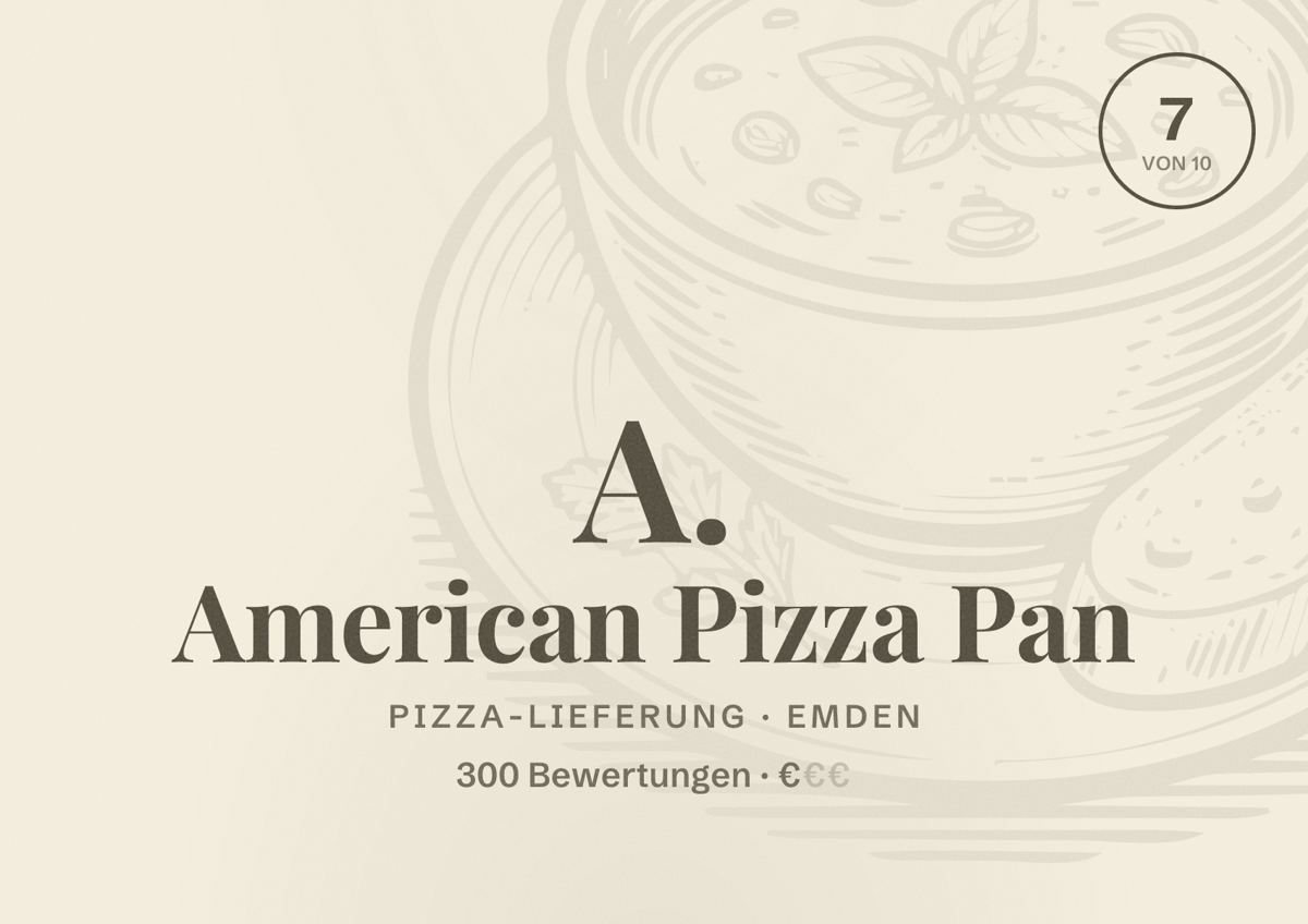 Illustriertes Poster von A. American Pizza Pan, Pizza-Lieferung in Emden: Bewertung 7 von 10 aus 300 Bewertungen, Preisniveau €