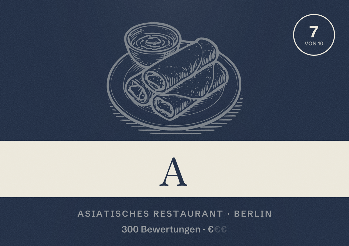 Illustriertes Poster von A, Asiatisches Restaurant in Berlin: Bewertung 7,0 von 10 aus 300 Bewertungen, Preisniveau €