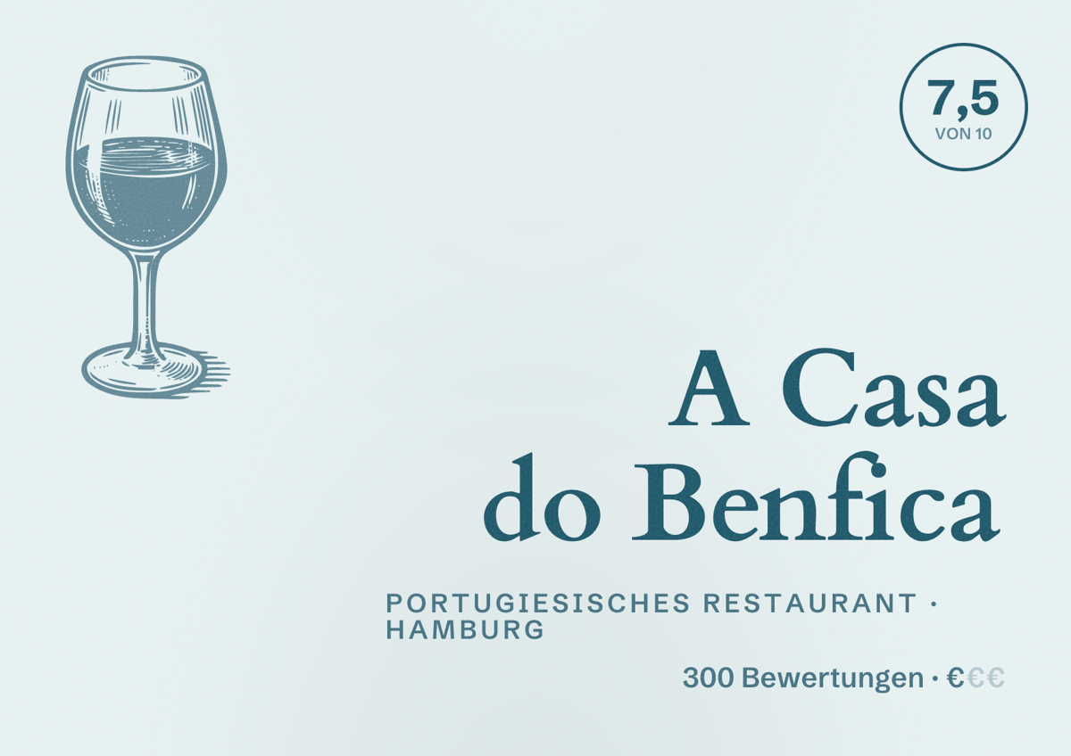 Illustriertes Poster von A Casa do Benfica, Portugiesisches Restaurant in Hamburg: Bewertung 7,5 von 10 aus 300 Bewertungen, Preisniveau €