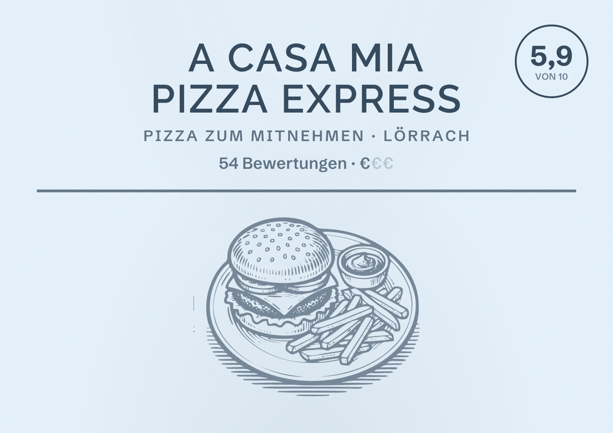 Illustriertes Poster von A Casa Mia Pizza Express, Pizza zum Mitnehmen in Lörrach: Bewertung 5,9 von 10 aus 54 Bewertungen, Preisniveau €
