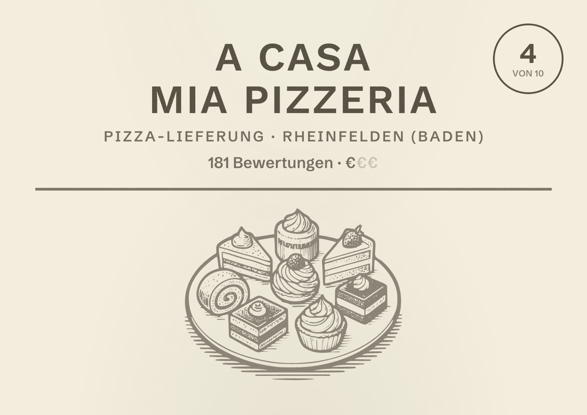 Illustriertes Poster von A Casa Mia Pizzeria, Pizza-Lieferung in Rheinfelden (Baden): Bewertung 4 von 10 aus 181 Bewertungen, Preisniveau €