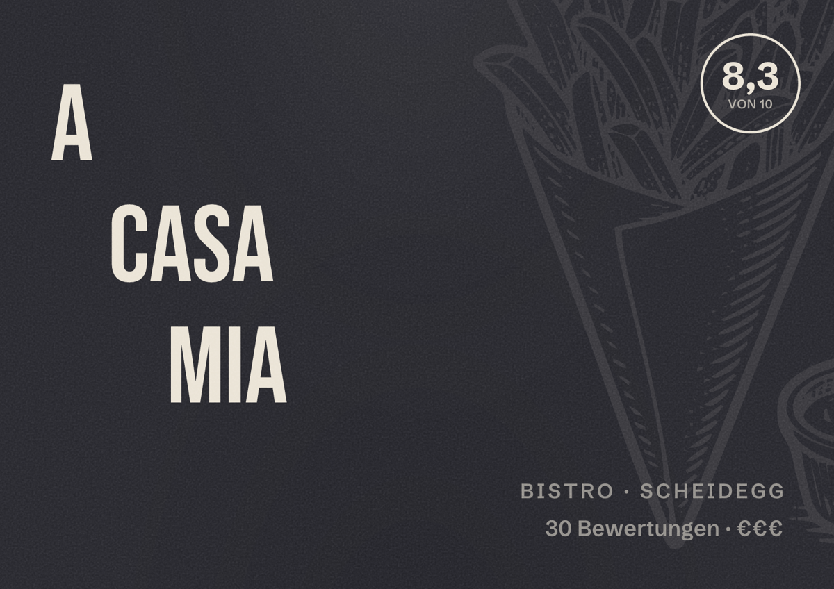 Illustriertes Poster von A Casa Mia, Bistro in Scheidegg: Bewertung 8,3 von 10 aus 30 Bewertungen, Preisniveau €€€