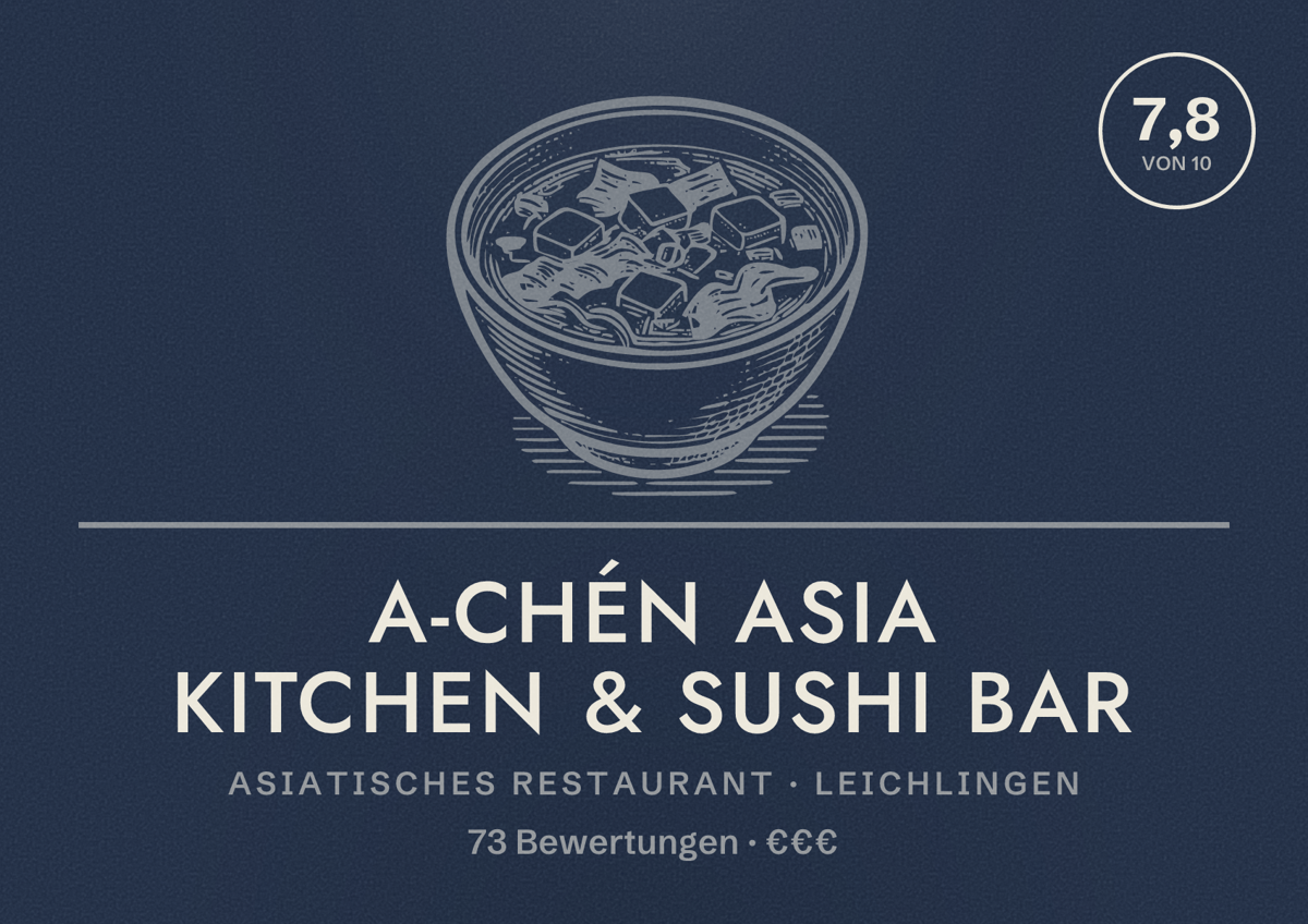 Illustriertes Poster von A-Chén Asia Kitchen & Sushi Bar, Asiatisches Restaurant in Leichlingen: Bewertung 7,8 von 10 aus 73 Bewertungen, Preisniveau €€€