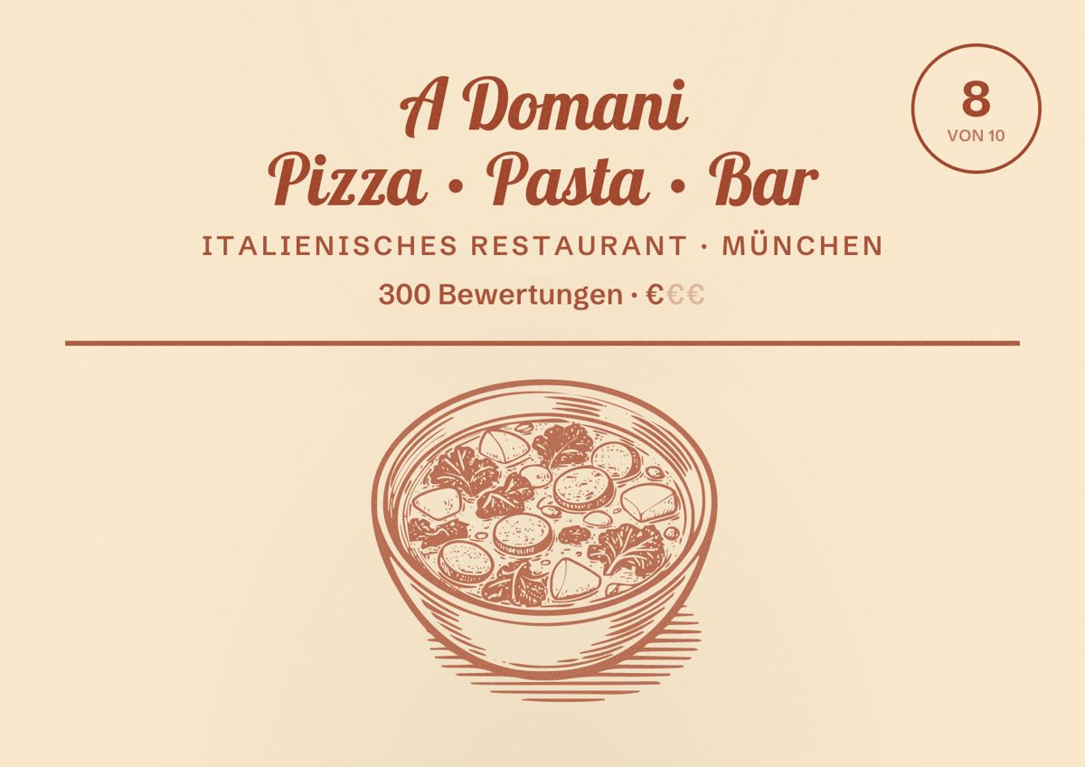 Illustriertes Poster von A Domani Pizza • Pasta • Bar, Italienisches Restaurant in München: Bewertung 8,0 von 10 aus 300 Bewertungen, Preisniveau €