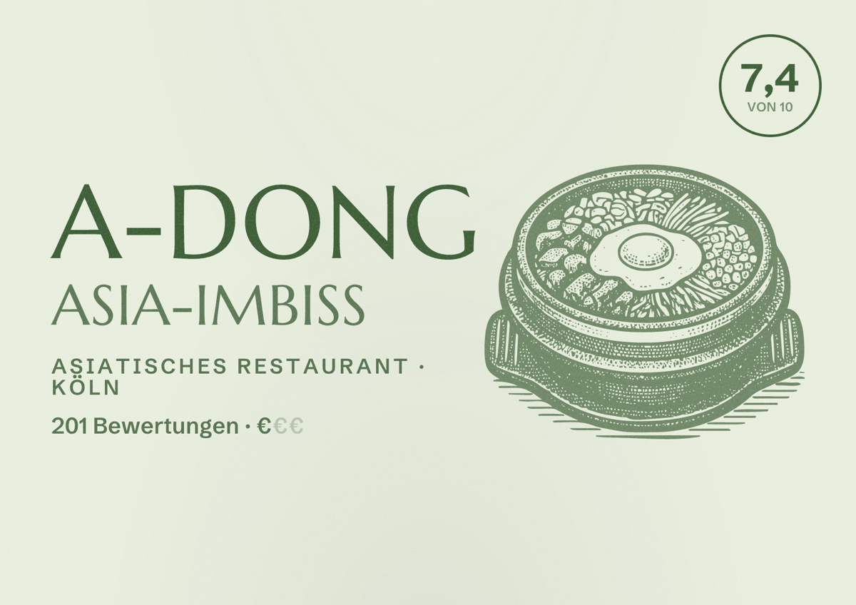 Illustriertes Poster von A-Dong Asia-Imbiss, Asiatisches Restaurant in Köln: Bewertung 7,4 von 10 aus 201 Bewertungen, Preisniveau €