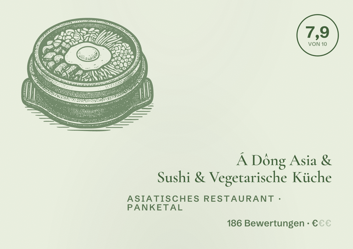 Illustriertes Poster von Á Dông Asia & Sushi & Vegetarische Küche, Asiatisches Restaurant in Panketal: Bewertung 7,9 von 10 aus 186 Bewertungen, Preisniveau €