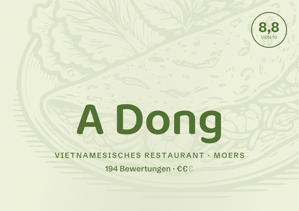 Illustriertes Poster von A Dong, Vietnamesisches Restaurant in Moers: Bewertung 8,8 von 10 aus 194 Bewertungen, Preisniveau €€
