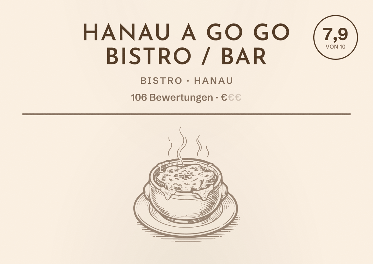 Illustriertes Poster von HANAU A GO GO Bistro / Bar, Bistro in Hanau: Bewertung 7,9 von 10 aus 106 Bewertungen, Preisniveau €