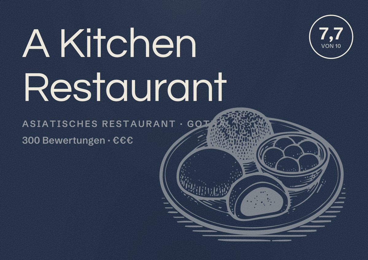 Illustriertes Poster von A Kitchen Restaurant, Asiatisches Restaurant in Gotha: Bewertung 7,7 von 10 aus 300 Bewertungen, Preisniveau €€€