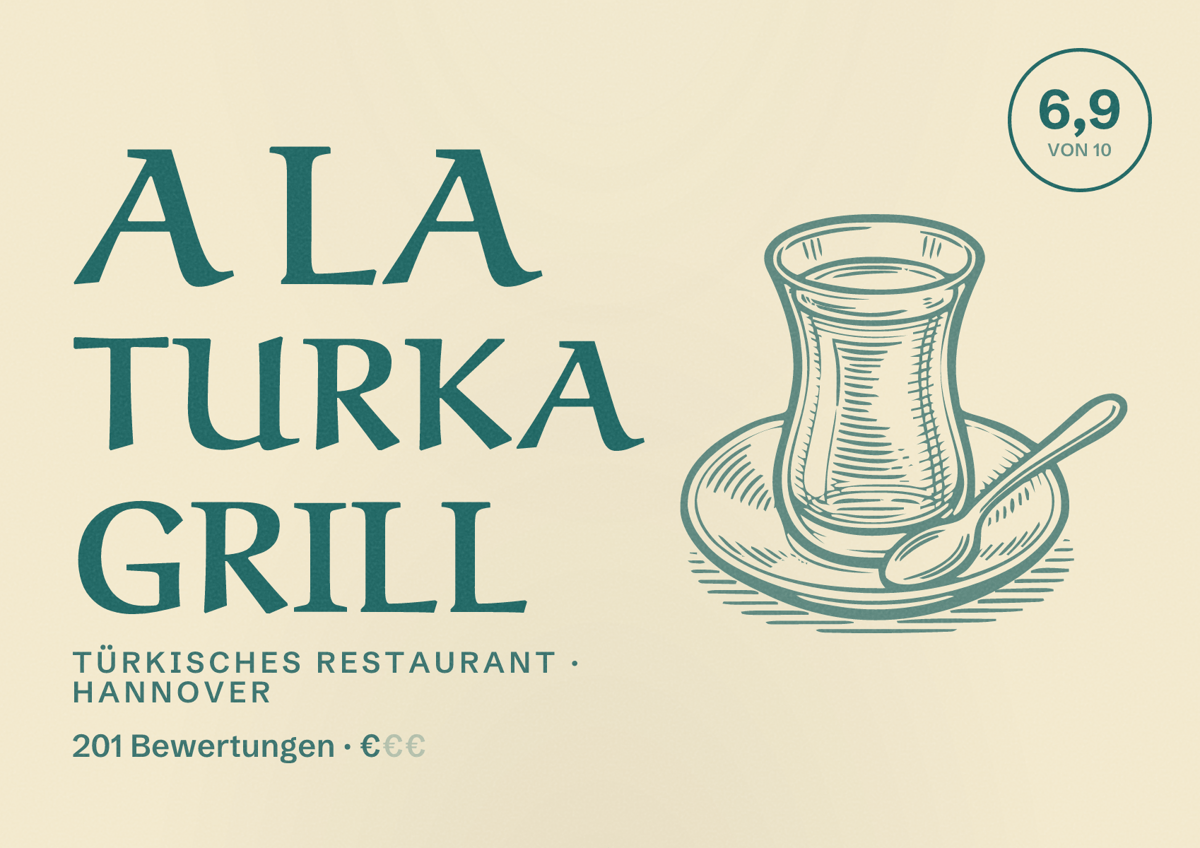 Illustriertes Poster von A La Turka Grill, Türkisches Restaurant in Hannover: Bewertung 6,9 von 10 aus 201 Bewertungen, Preisniveau €