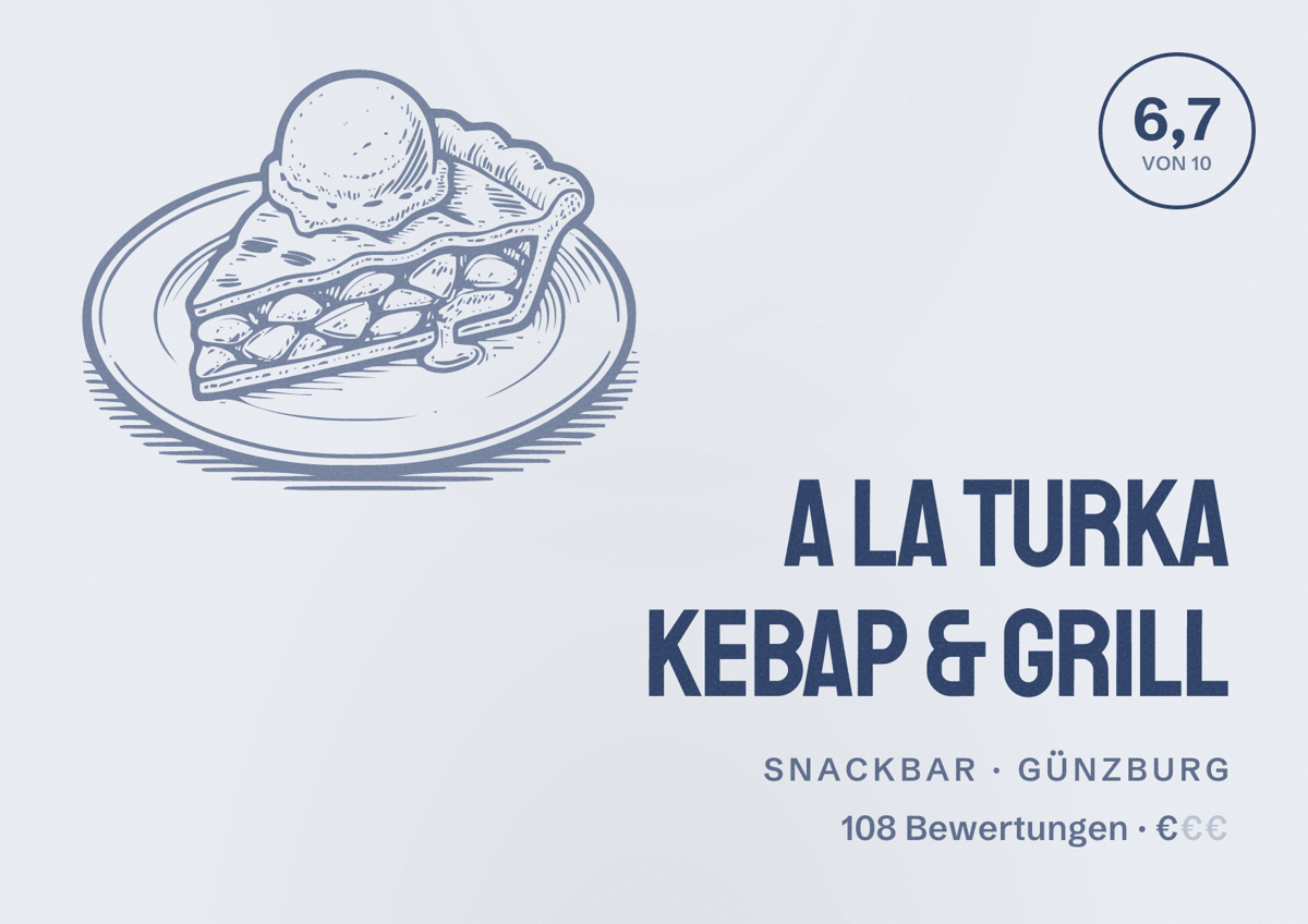 Illustriertes Poster von A la Turka Kebap & Grill, Snackbar in Günzburg: Bewertung 6,7 von 10 aus 108 Bewertungen, Preisniveau €