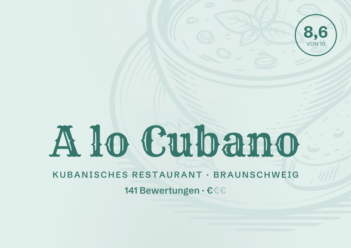Illustriertes Poster von A lo Cubano, Kubanisches Restaurant in Braunschweig: Bewertung 8,6 von 10 aus 141 Bewertungen, Preisniveau €