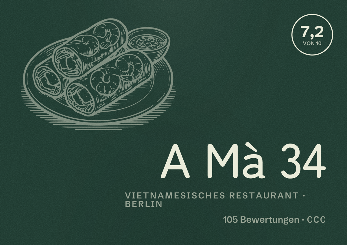Illustriertes Poster von A Mà 34, Vietnamesisches Restaurant in Berlin: Bewertung 7,2 von 10 aus 105 Bewertungen, Preisniveau €€€