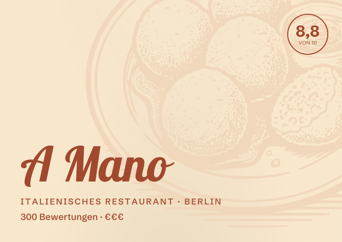 Illustriertes Poster von A Mano, Italienisches Restaurant in Berlin: Bewertung 8,8 von 10 aus 300 Bewertungen, Preisniveau €€€