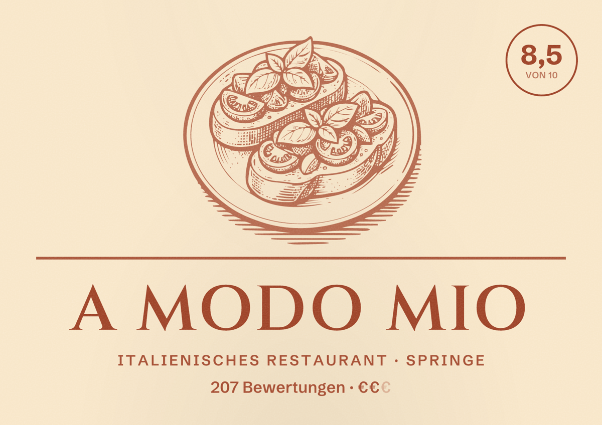 Illustriertes Poster von A Modo Mio, Italienisches Restaurant in Springe: Bewertung 8,5 von 10 aus 207 Bewertungen, Preisniveau €€