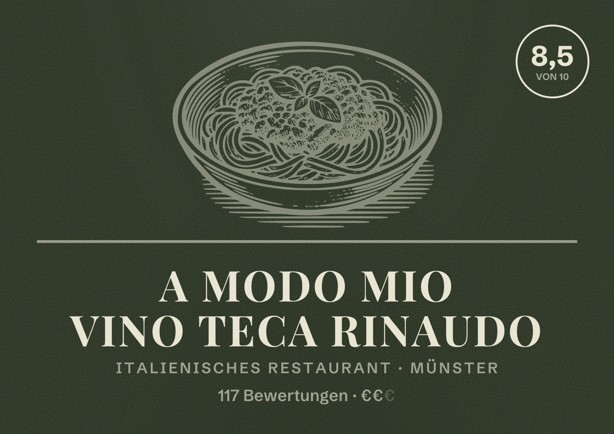 Illustriertes Poster von A MODO MIO VINO TECA RINAUDO, Italienisches Restaurant in Münster: Bewertung 8,5 von 10 aus 117 Bewertungen, Preisniveau €€