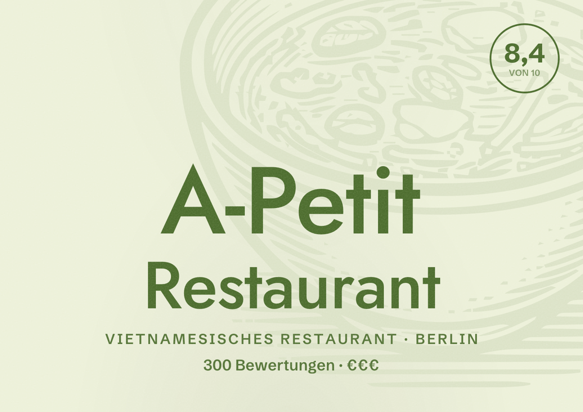 Illustriertes Poster von A-Petit Restaurant, Vietnamesisches Restaurant in Berlin: Bewertung 8,4 von 10 aus 300 Bewertungen, Preisniveau €€€