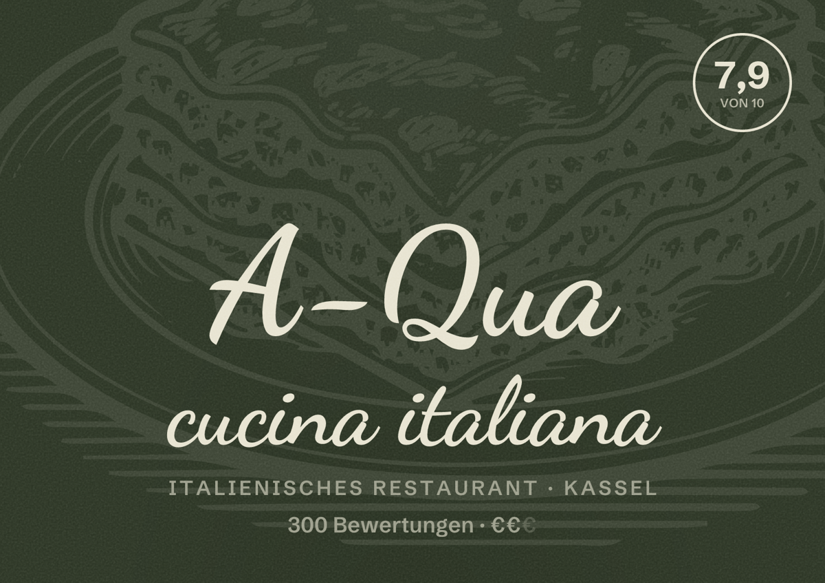 Illustriertes Poster von A-Qua cucina italiana, Italienisches Restaurant in Kassel: Bewertung 7,9 von 10 aus 300 Bewertungen, Preisniveau €€