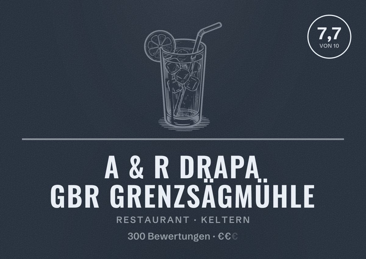 Illustriertes Poster von A & R Drapa GbR Grenzsägmühle, Restaurant in Keltern: Bewertung 7,7 von 10 aus 300 Bewertungen, Preisniveau €€