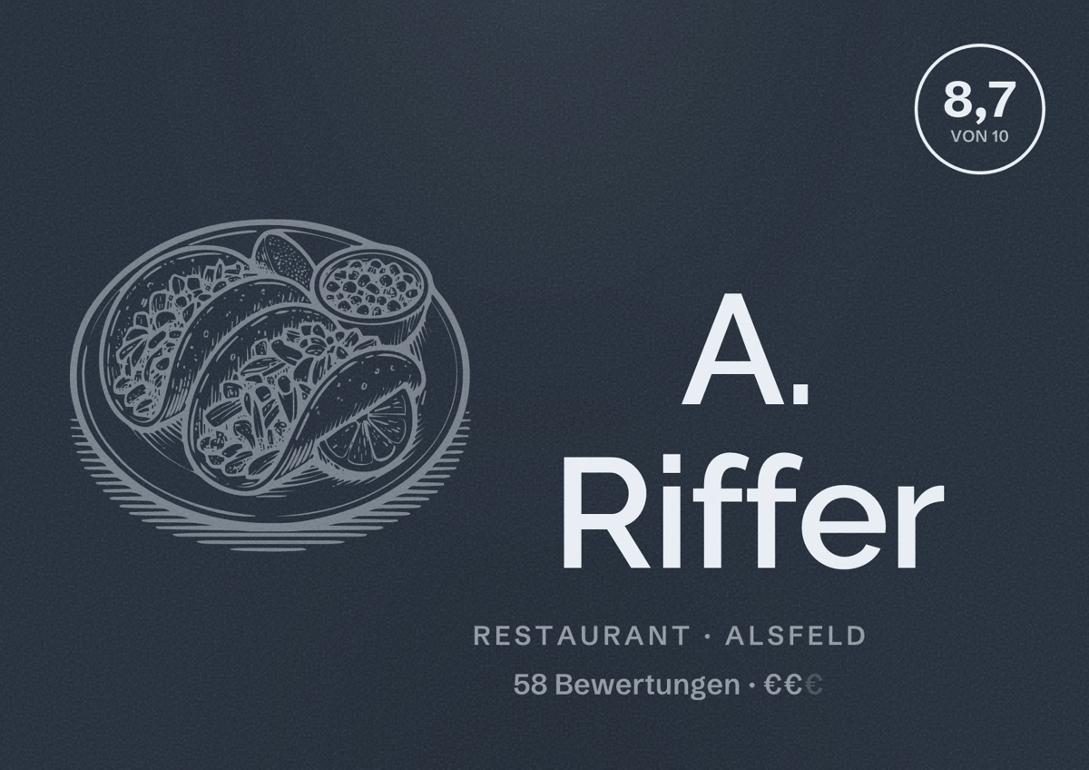 Illustriertes Poster von A. Riffer, Restaurant in Alsfeld: Bewertung 8,7 von 10 aus 58 Bewertungen, Preisniveau €€