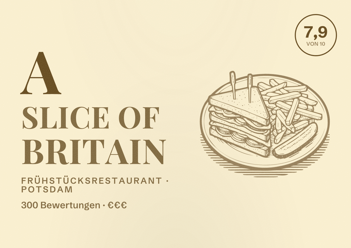 Illustriertes Poster von A Slice of Britain, Frühstücksrestaurant in Potsdam: Bewertung 7,9 von 10 aus 300 Bewertungen, Preisniveau €€€