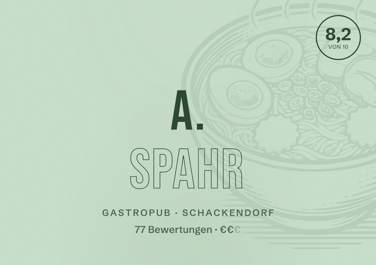 Illustriertes Poster von A. Spahr, Gastropub in Schackendorf: Bewertung 8,2 von 10 aus 77 Bewertungen, Preisniveau €€