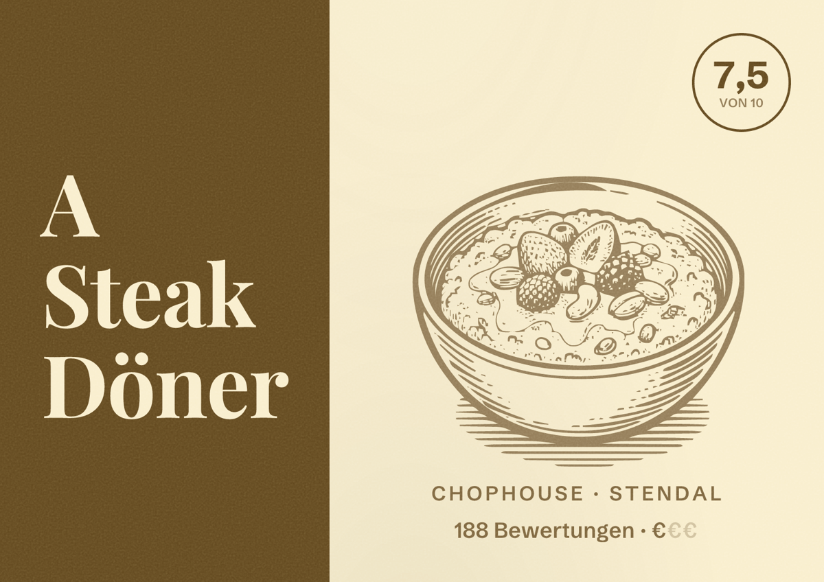 Illustriertes Poster von A Steak Döner, Chophouse in Stendal: Bewertung 7,5 von 10 aus 188 Bewertungen, Preisniveau €