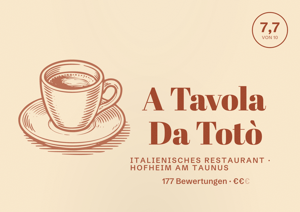 Illustriertes Poster von A Tavola Da Totò, Italienisches Restaurant in Hofheim am Taunus: Bewertung 7,7 von 10 aus 177 Bewertungen, Preisniveau €€