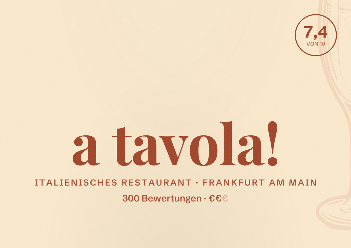 Illustriertes Poster von a tavola!, Italienisches Restaurant in Frankfurt am Main: Bewertung 7,4 von 10 aus 300 Bewertungen, Preisniveau €€