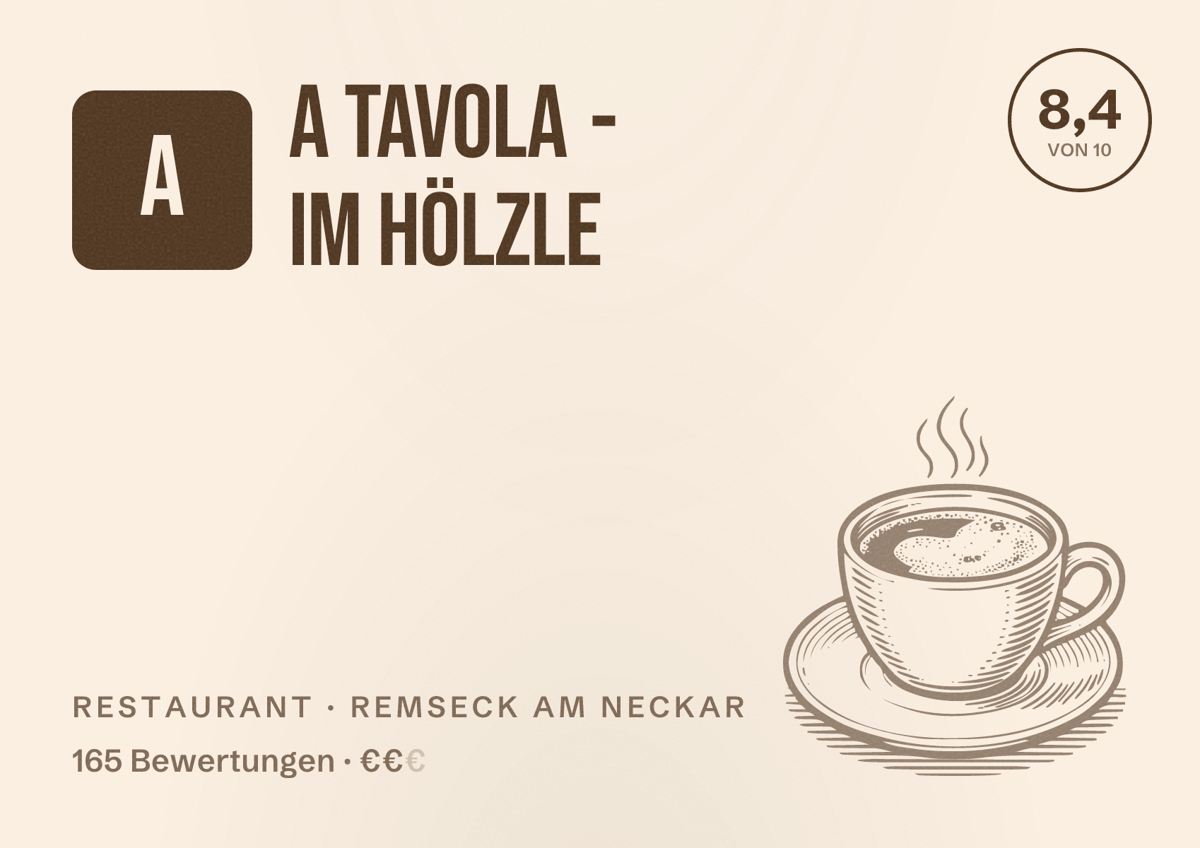 Illustriertes Poster von A Tavola - Im Hölzle, Restaurant in Remseck am Neckar: Bewertung 8,4 von 10 aus 165 Bewertungen, Preisniveau €€
