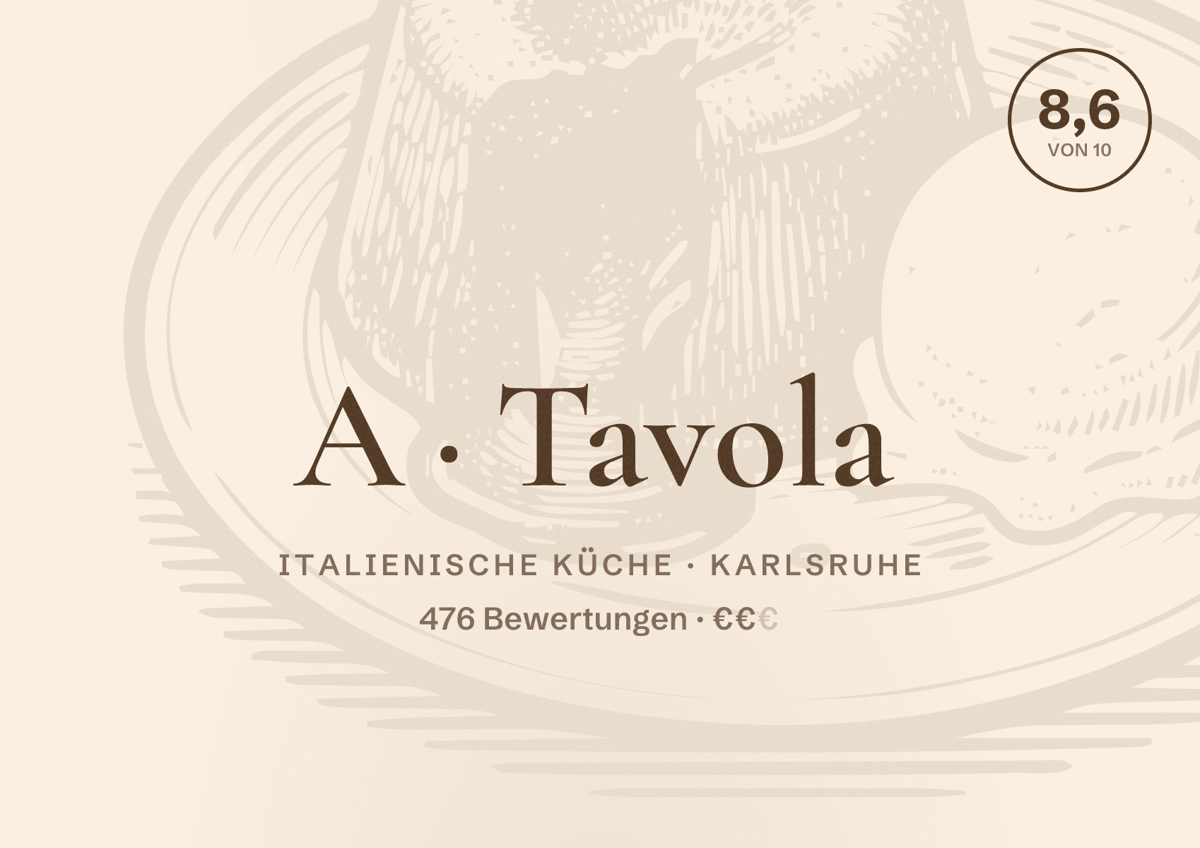 Illustriertes Poster von A Tavola, Italienische Küche in Karlsruhe: Bewertung 8,6 von 10 aus 476 Bewertungen, Preisniveau €€