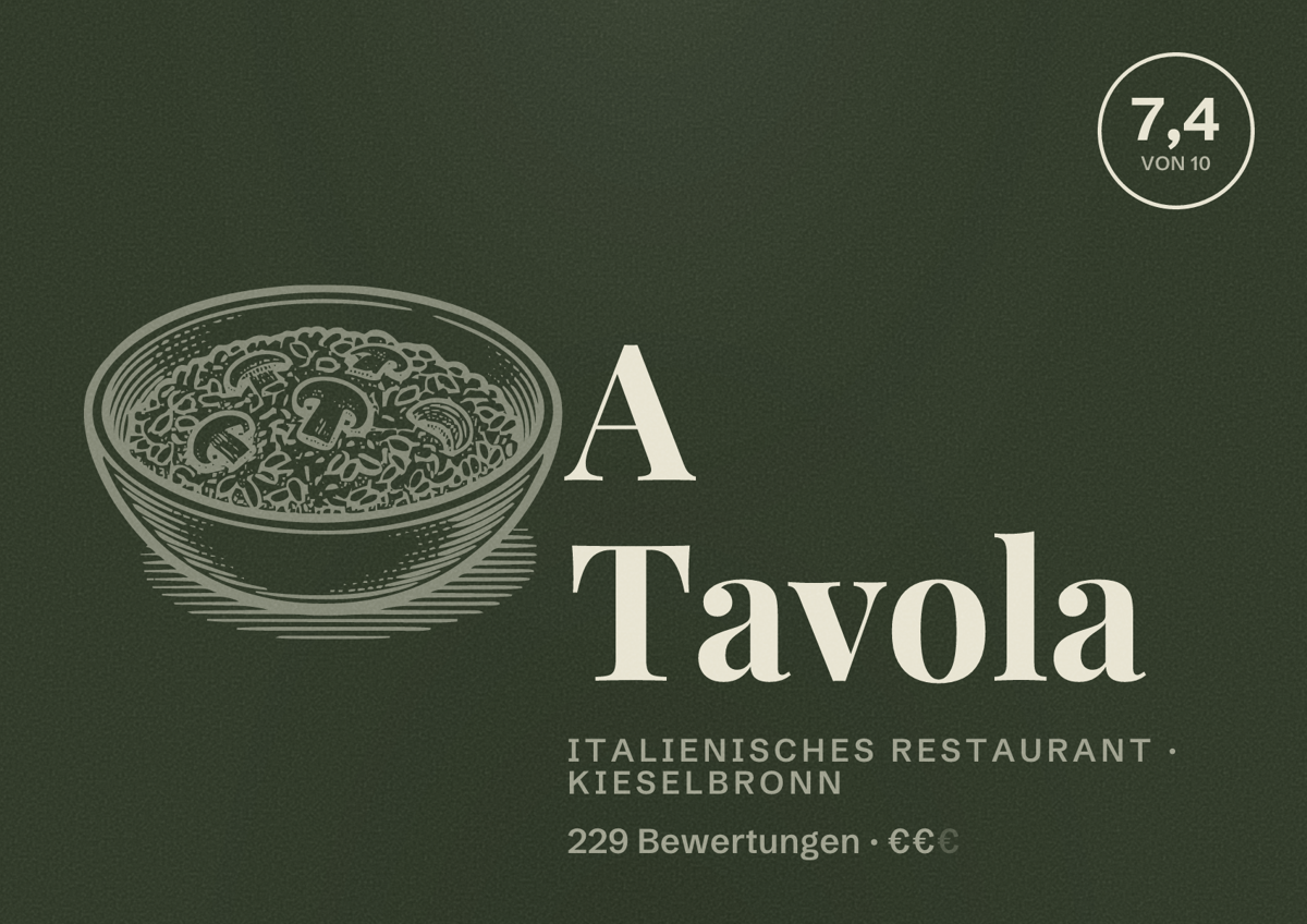Illustriertes Poster von A Tavola, Italienisches Restaurant in Kieselbronn: Bewertung 7,4 von 10 aus 229 Bewertungen, Preisniveau €€