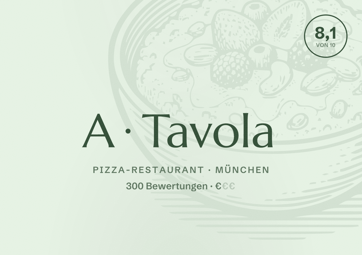 Illustriertes Poster von A Tavola, Pizza-Restaurant in München: Bewertung 8,1 von 10 aus 300 Bewertungen, Preisniveau €