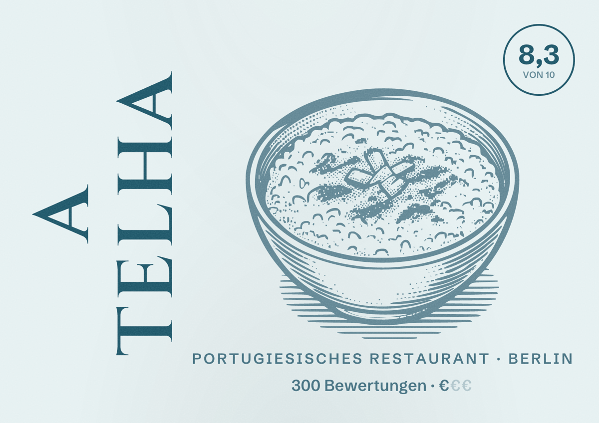 Illustriertes Poster von A Telha, Portugiesisches Restaurant in Berlin: Bewertung 8,3 von 10 aus 300 Bewertungen, Preisniveau €