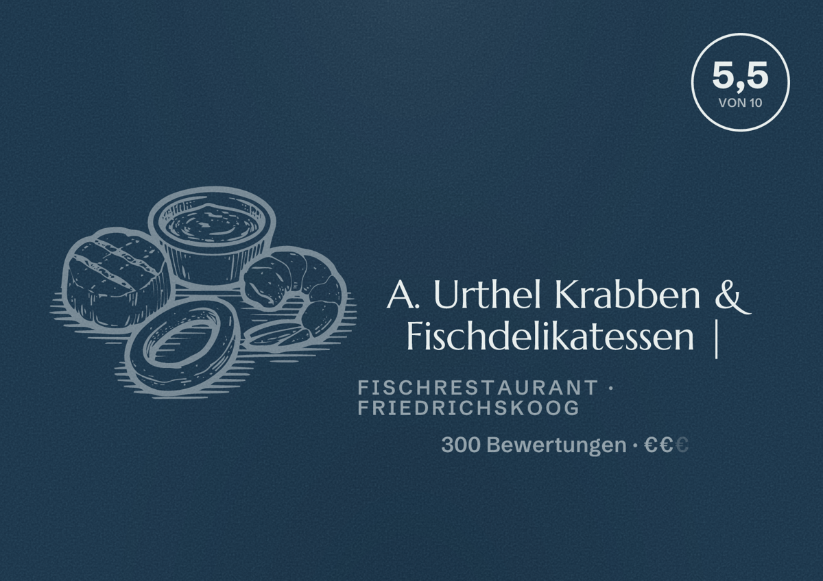 Illustriertes Poster von A. Urthel Krabben & Fischdelikatessen |, Fischrestaurant in Friedrichskoog: Bewertung 5,5 von 10 aus 300 Bewertungen, Preisniveau €€