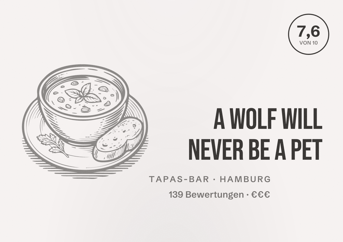 Illustriertes Poster von A WOLF WILL NEVER BE A PET, Tapas-Bar in Hamburg: Bewertung 7,6 von 10 aus 139 Bewertungen, Preisniveau €€€