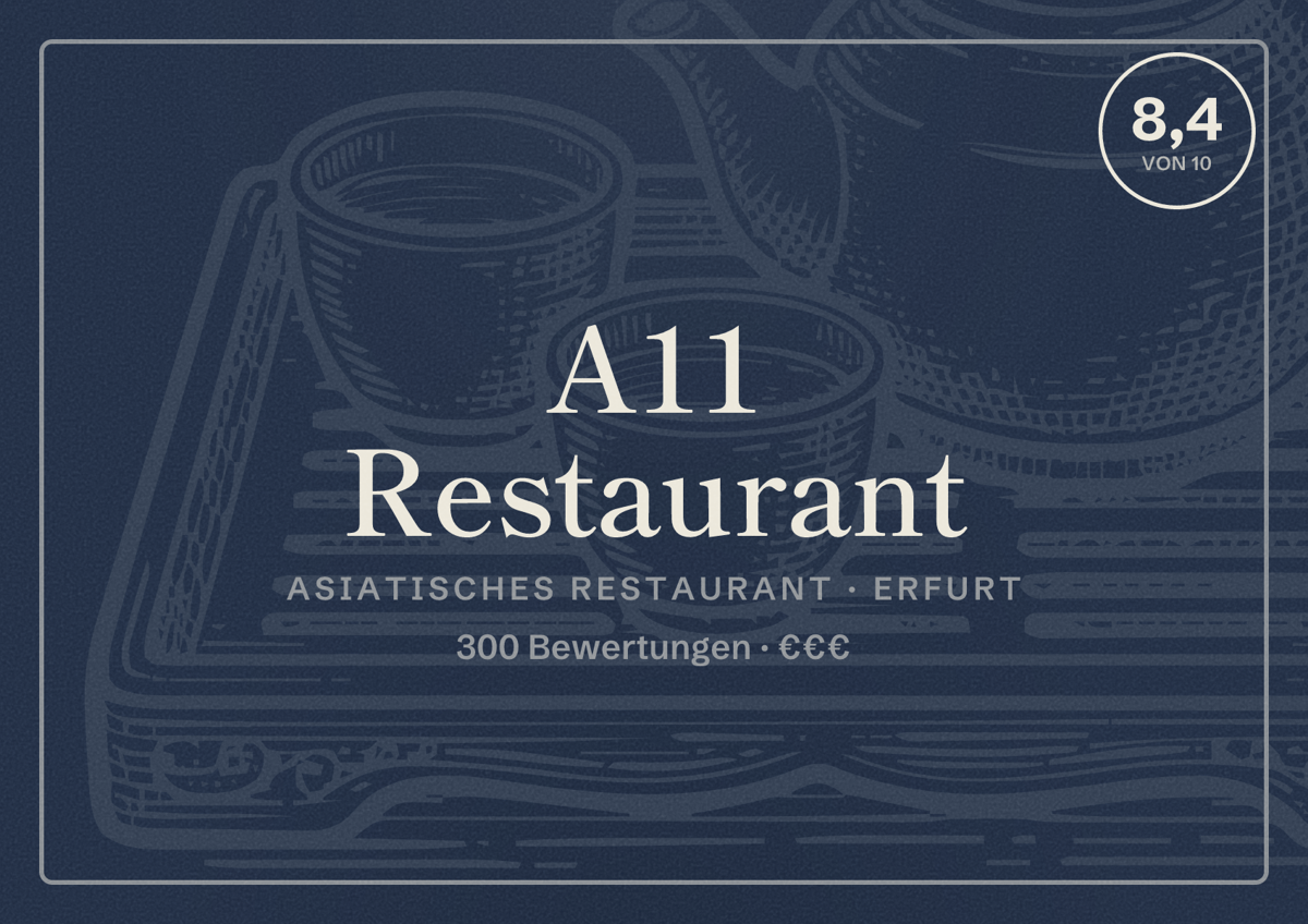 Illustriertes Poster von A11 Restaurant, Asiatisches Restaurant in Erfurt: Bewertung 8,4 von 10 aus 300 Bewertungen, Preisniveau €€€
