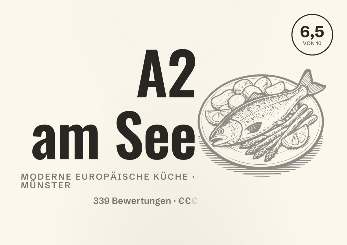Illustriertes Poster von A2 am See, Moderne europäische Küche in Münster: Gästebewertung 6,5 von 10 aus 339 Bewertungen