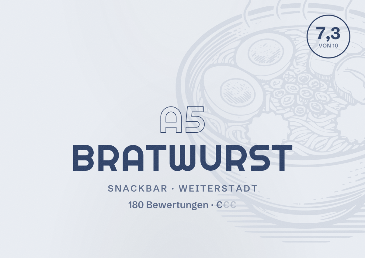 Illustriertes Poster von A5 Bratwurst, Snackbar in Weiterstadt: Bewertung 7,3 von 10 aus 180 Bewertungen, Preisniveau €