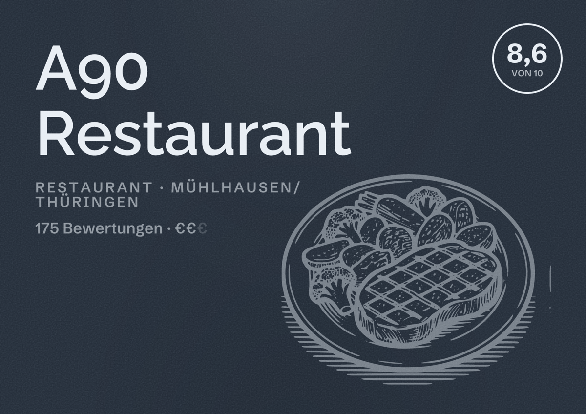 Illustriertes Poster von A90 Restaurant, Restaurant in Mühlhausen/Thüringen: Bewertung 8,6 von 10 aus 175 Bewertungen, Preisniveau €€