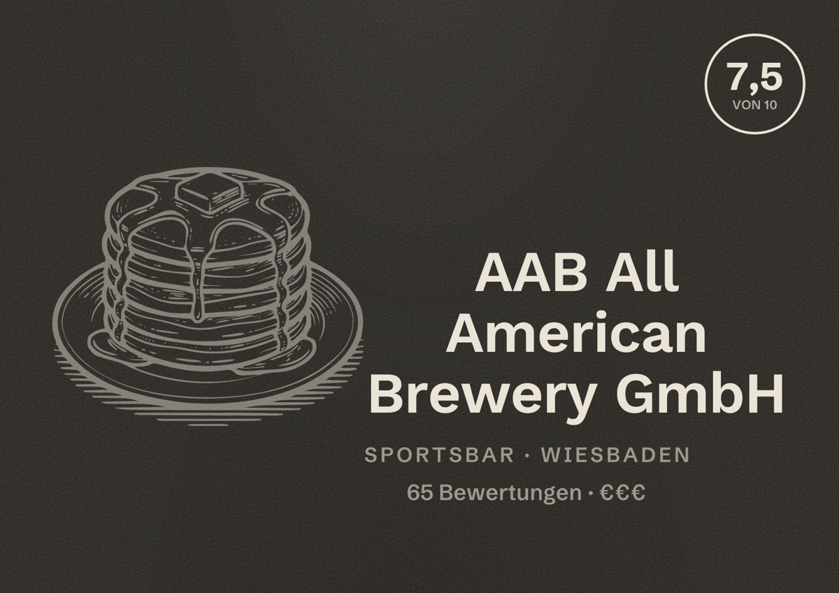 Illustriertes Poster von AAB All American Brewery GmbH, Sportsbar in Wiesbaden: Bewertung 7,5 von 10 aus 65 Bewertungen, Preisniveau €€€