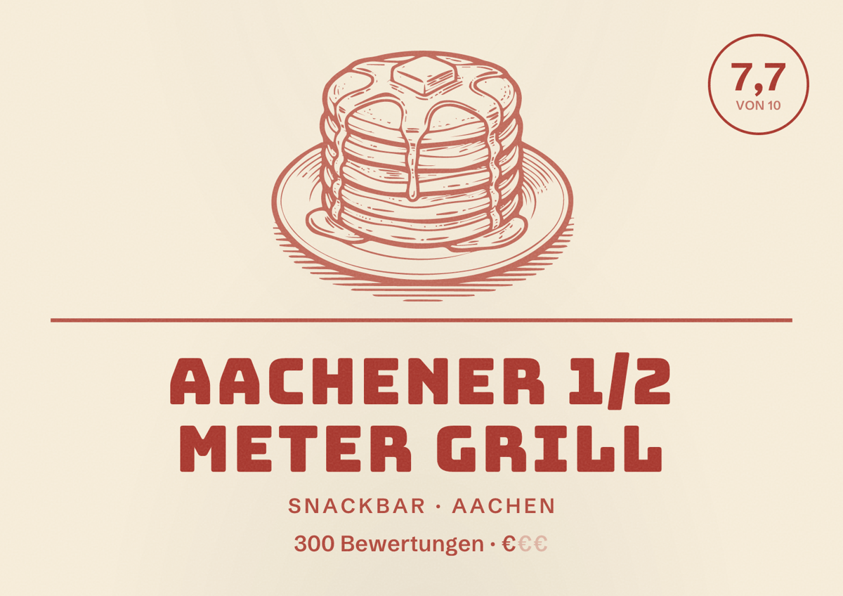Illustriertes Poster von AACHENER 1/2 METER GRILL, Snackbar in Aachen: Bewertung 7,7 von 10 aus 300 Bewertungen, Preisniveau €