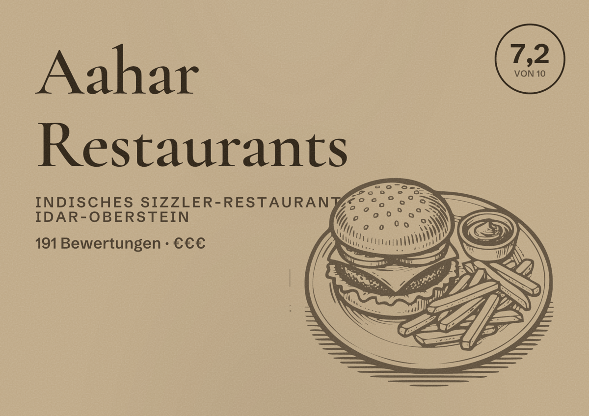 Illustriertes Poster von Aahar Restaurants, Indisches Sizzler-Restaurant in Idar-Oberstein: Bewertung 7,2 von 10 aus 191 Bewertungen, Preisniveau €€€