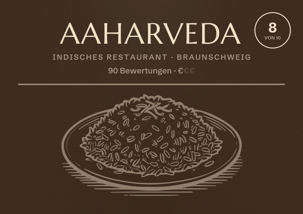 Illustriertes Poster von Aaharveda, Indisches Restaurant in Braunschweig: Bewertung 8 von 10 aus 90 Bewertungen, Preisniveau €