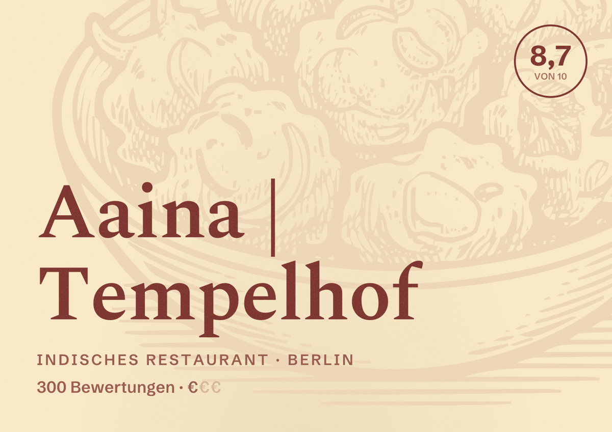 Illustriertes Poster von Aaina | Tempelhof, Indisches Restaurant in Berlin: Bewertung 8,7 von 10 aus 300 Bewertungen, Preisniveau €