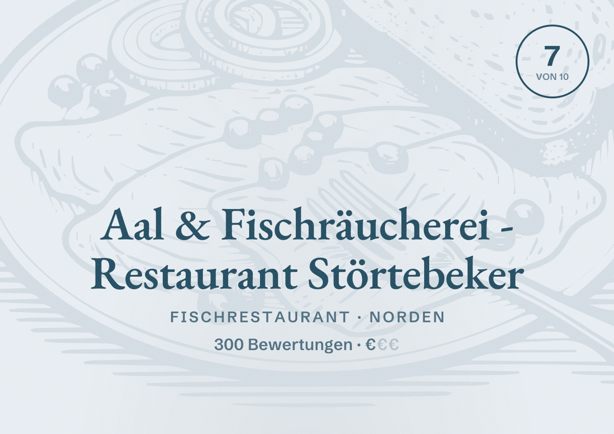 Illustriertes Poster von Aal & Fischräucherei - Restaurant Störtebeker, Fischrestaurant in Norden: Bewertung 7 von 10 aus 300 Bewertungen, Preisniveau €