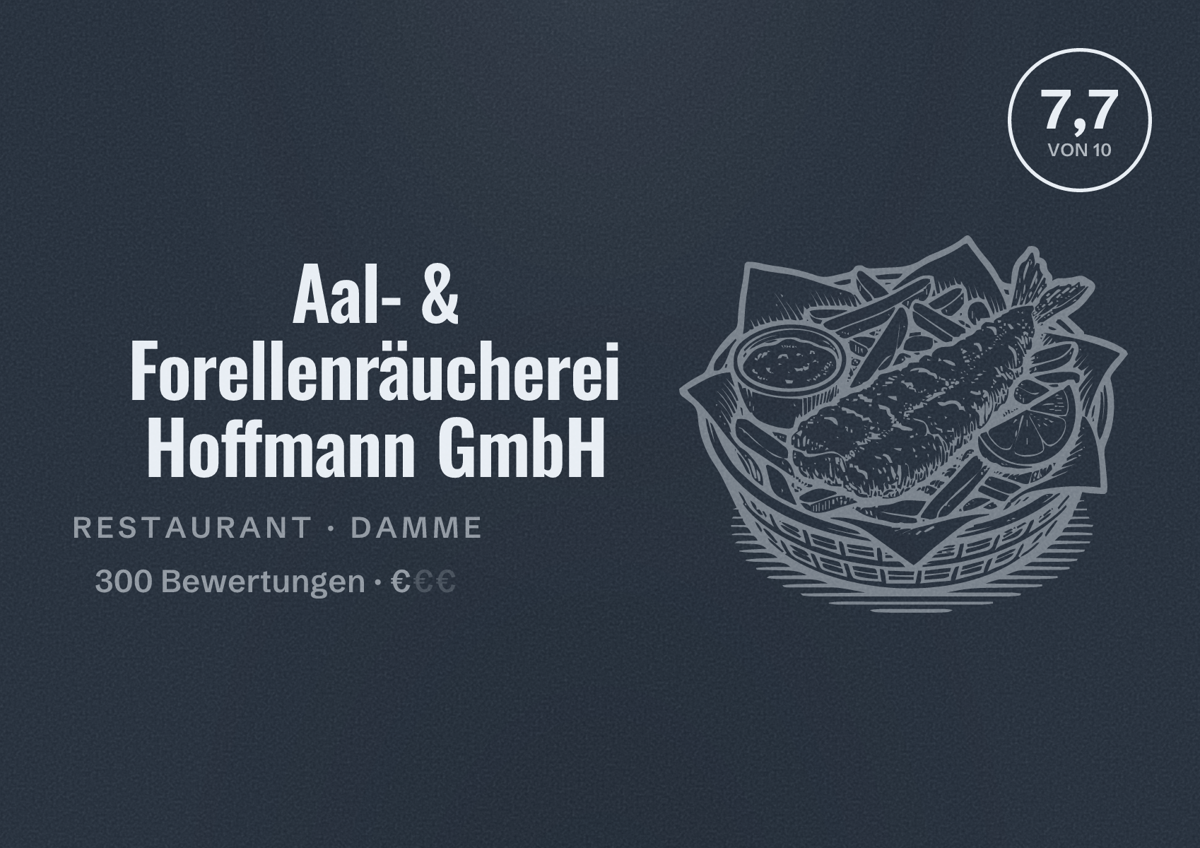 Illustriertes Poster von Aal- & Forellenräucherei Hoffmann GmbH, Restaurant in Damme: Bewertung 7,7 von 10 aus 300 Bewertungen, Preisniveau €